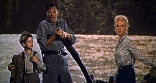 Tommy Rettig, Robert Mitchum et Marilyn Monroe dans Rivière sans retour (1954)